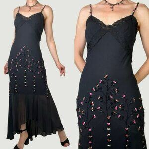 VTG Sue Wong Silk Fit and Flare Midi Rosette Dress in Black